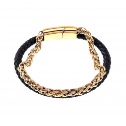 Dubbele Armband Heren - Vossenstaart Schakelsarmband - RVS Goudkleur - Zwarte Leren