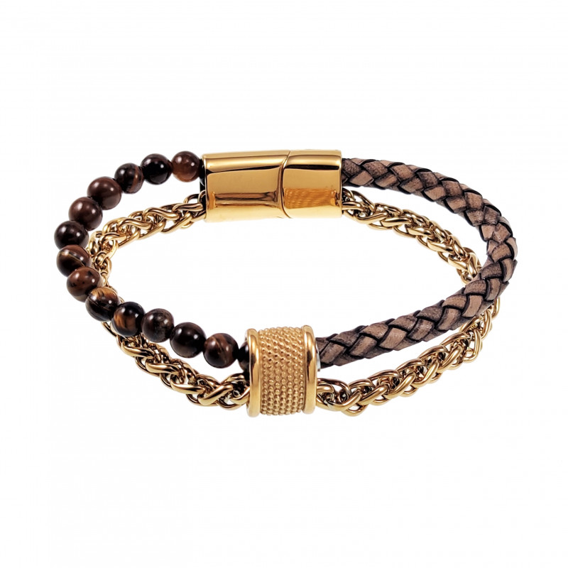Dubbele Armband Tijgeroog Steen Bruin Leren Vossenstaart Schakels RVS Dubbele Armband Tijgeroog Steen Bruin Leren Vossenstaart Schakels RVS