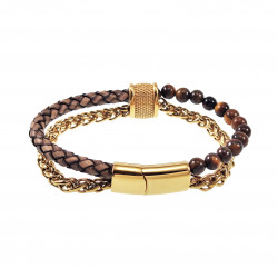 Dubbele Armband Tijgeroog Steen Bruin Leren Vossenstaart Schakels RVS