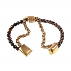 Dubbele Armband Tijgeroog Steen Bruin Leren Vossenstaart Schakels RVS