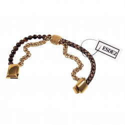 Dubbele Armband Tijgeroog Steen Bruin Leren Vossenstaart Schakels RVS