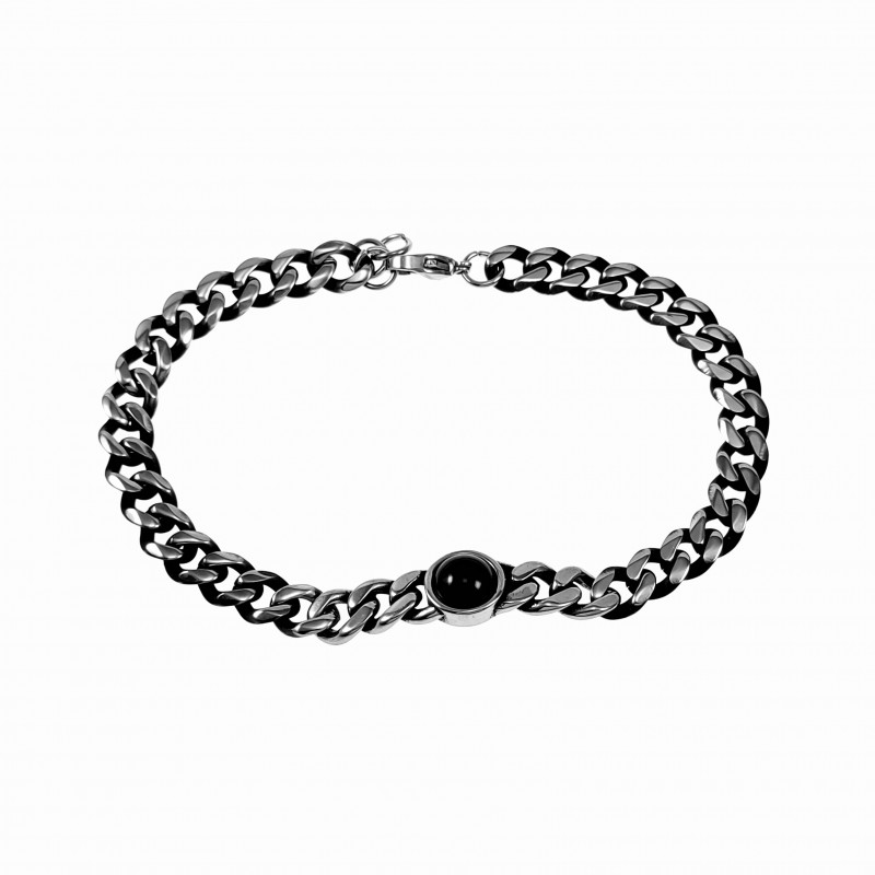 Cubaanse Armband met Onyx Steen Unisex - Verouderd Roestvrij Staal - Schakelarmband