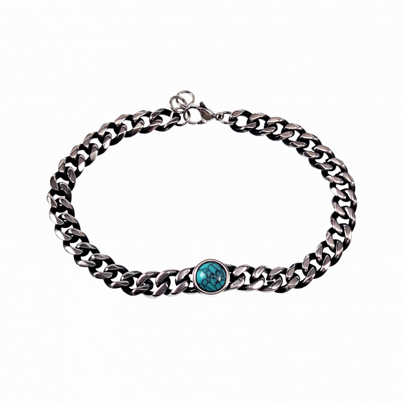 Cubaanse Armband met Turquoise Steen Unisex - Verouderd Roestvrij Staal - Schakelarmband