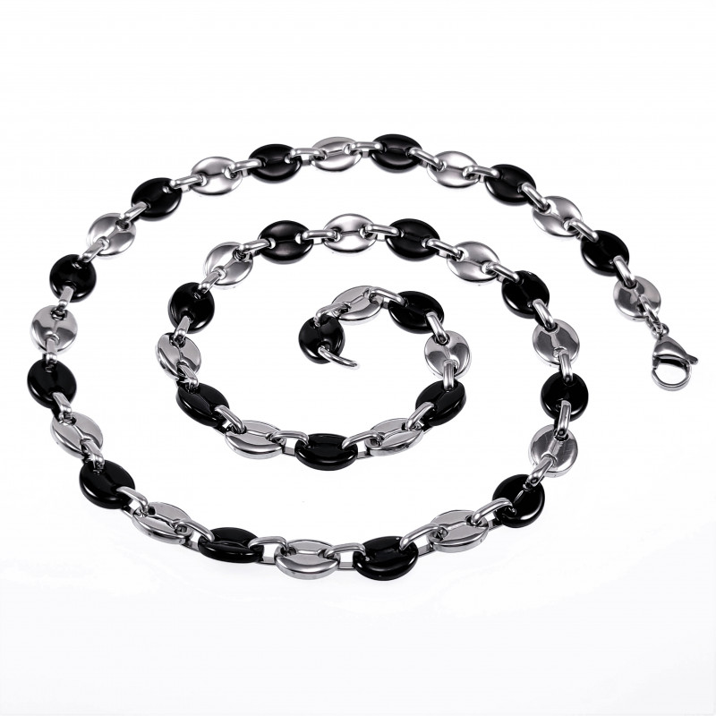 60cm x 9mm Koffieboon Ketting UnisexStalen Zilver Kleur/Zwart PVD 60cm x 9mm Koffieboon Ketting UnisexStalen Zilver Kleur/Zwart PVD