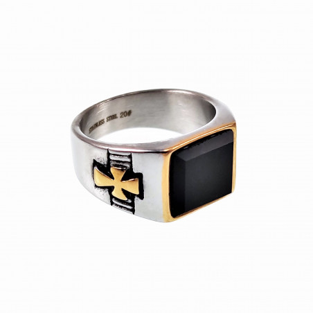 Zegelring Heren Stalen Zilver Goud Kleur Ring met Onyx Steen Kruisjes