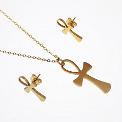 Ketting + Ankh-Kruishanger + Ankh-Oorbellen Dames Stalen Goud Kleur