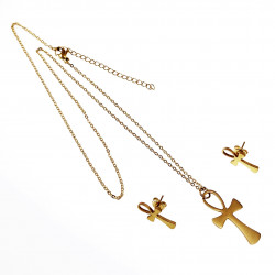 Ketting + Ankh-Kruishanger + Ankh-Oorbellen Dames Stalen Goud Kleur