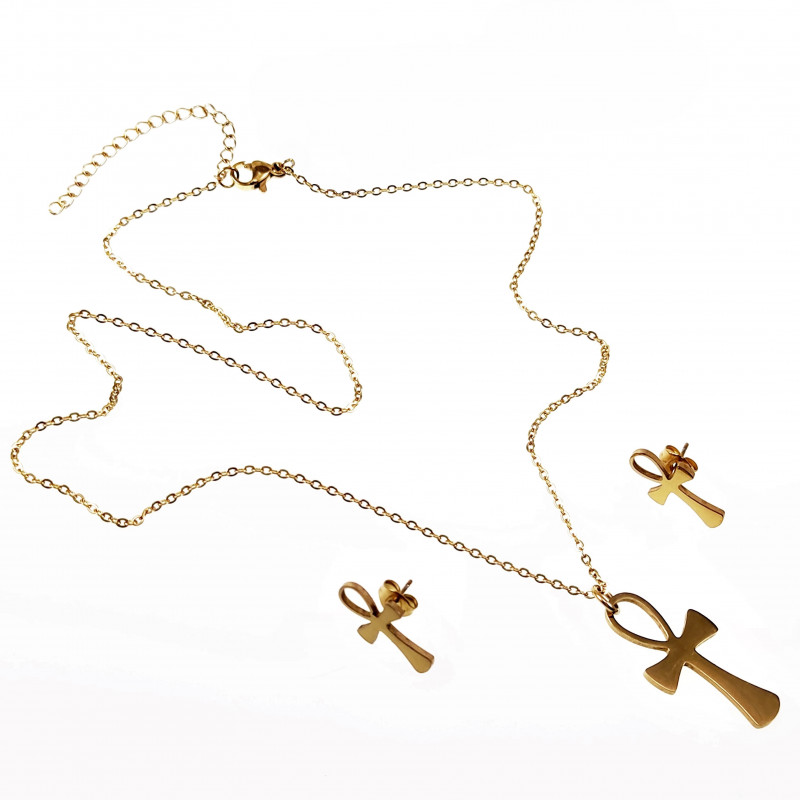 Ketting + Ankh-Kruishanger + Ankh-Oorbellen Dames Stalen Goud Kleur Ketting + Ankh-Kruishanger + Ankh-Oorbellen Dames Stalen Goud Kleur