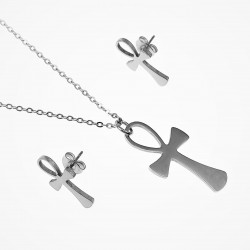 Ankh Ketting-Set Dames - Stalen Zilverkleur - Ketting + Ankh-Kruishanger + Ankh-Oorbellen