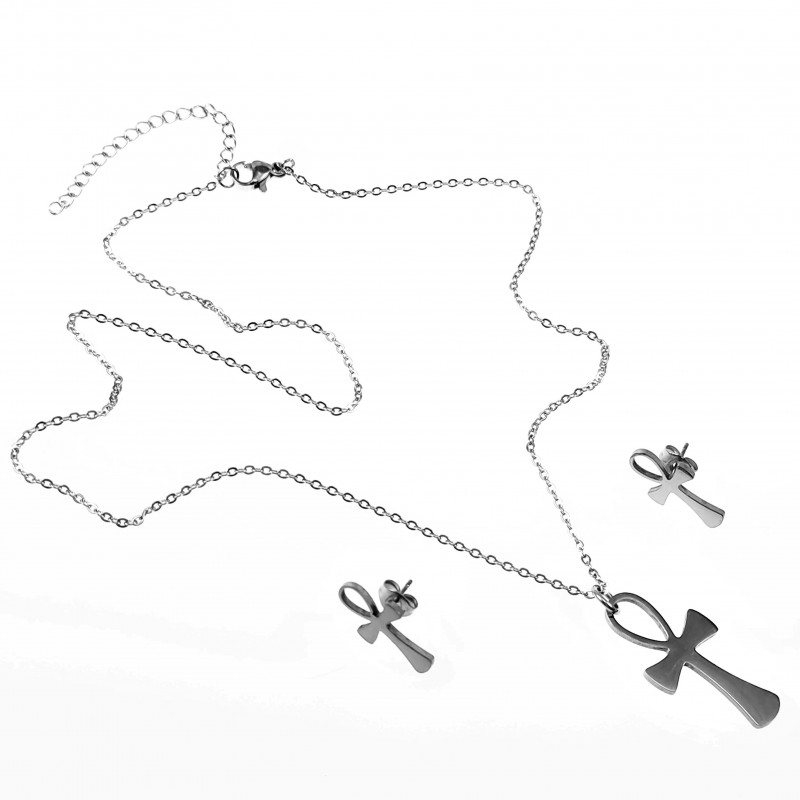 Ankh Ketting-Set Dames - Stalen Zilverkleur - Ketting + Ankh-Kruishanger + Ankh-Oorbellen