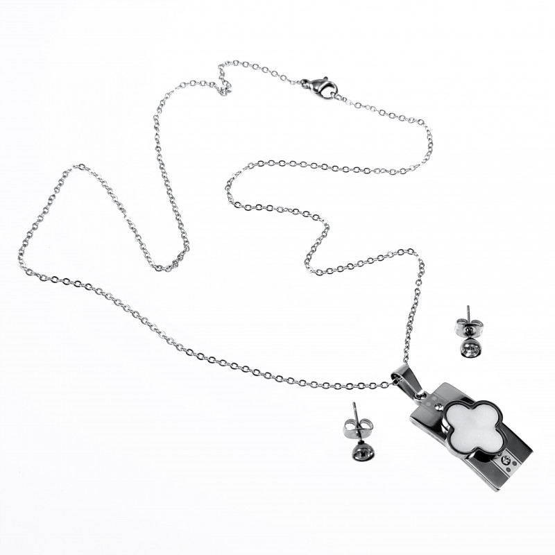 Sieraden Set - Klaverblad Ketting + Knopjes Oorbellen Dames - Stalen Sieraden Set - Klaverblad Ketting + Knopjes Oorbellen Dames - Stalen