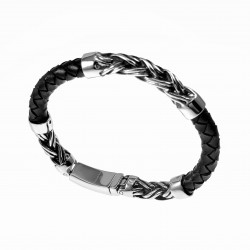 Armband Heren - Gevlochten Design - Zwart Leren - Roestvrij Staal