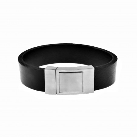 Brede Armband Heren - Zwarte Leren - Roestvrij Staal
