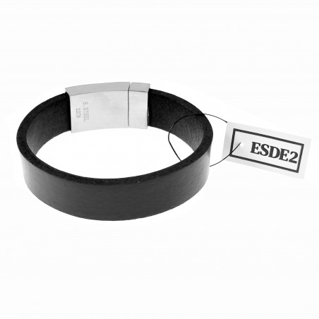 Brede Armband Heren - Zwarte Leren - Roestvrij Staal Sluiting