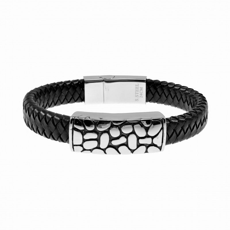 Gevlochten Zwarte Leren Armband Heren - RVS Plaat - Stalen Sluiting Gevlochten Zwarte Leren Armband Heren - RVS Plaat - Stalen Sluiting