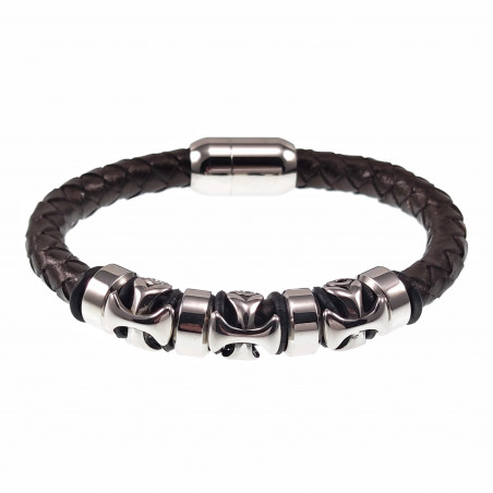 Armband Heren Donkerbruin Leren Gevlochten Rond RVS Kruisen Sluiting