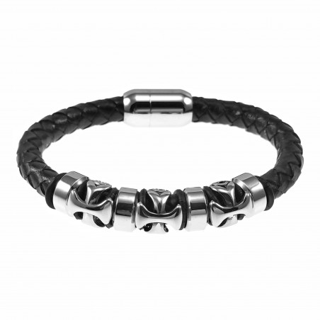 Armband Heren - Zwarte Leren Gevlochten Rond - RVS Kruisen - Stalen Sluiting