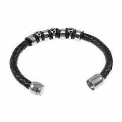 Armband Heren - Zwarte Leren Gevlochten Rond - RVS Kruisen - Stalen Sluiting