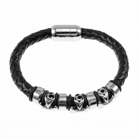 Armband Heren - Zwarte Leren Gevlochten Rond - RVS Kruisen - Stalen Sluiting