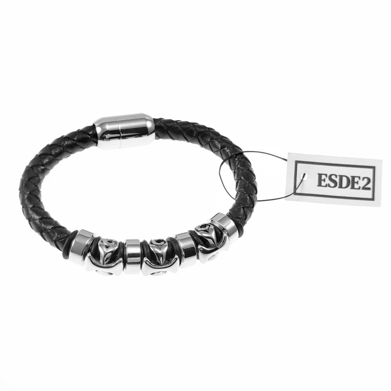 COOLSTEELANDBEYOND Heren zwart gevlochten leren armband armband met