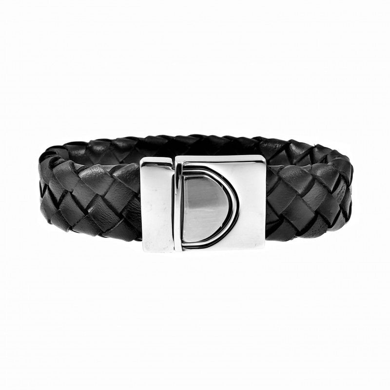 Brede Armband Heren - Zwart Leren Gevlochten - Stalen Sluiting