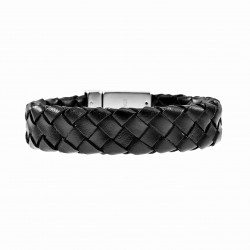 Brede Armband Heren - Zwart Leren Gevlochten - Stalen Sluiting