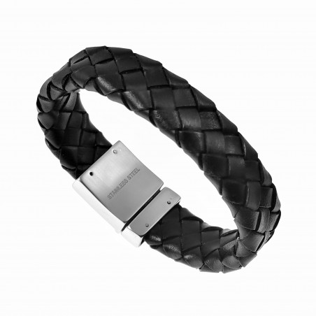 Brede Armband Heren - Zwart Leren Gevlochten - Stalen Sluiting