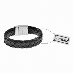 Brede Armband Heren - Zwart Leren Gevlochten - Stalen Sluiting