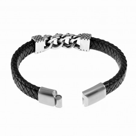 Gevlochten Armband Heren - Zwart Leren - RVS Plaat Gourmet Schakels Schedels - Stalen Sluiting