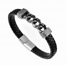 Gevlochten Armband Heren - Zwart Leren - RVS Plaat Gourmet Schakels Schedels - Stalen Sluiting