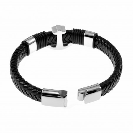 Gevlochten Leren Armband met RVS Anker - Heren - Zwart Leer - Stalen Sluiting
