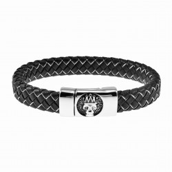 Zwart/Zilver Leren Armband - Gevlochten Leer - RVS Koning Schedel Sluiting