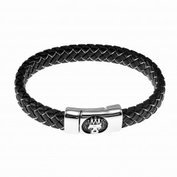 Zwart/Zilver Leren Armband - Gevlochten Leer - RVS Koning Schedel Sluiting