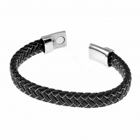 Zwart/Zilver Leren Armband - Gevlochten Leer - RVS Koning Schedel Sluiting