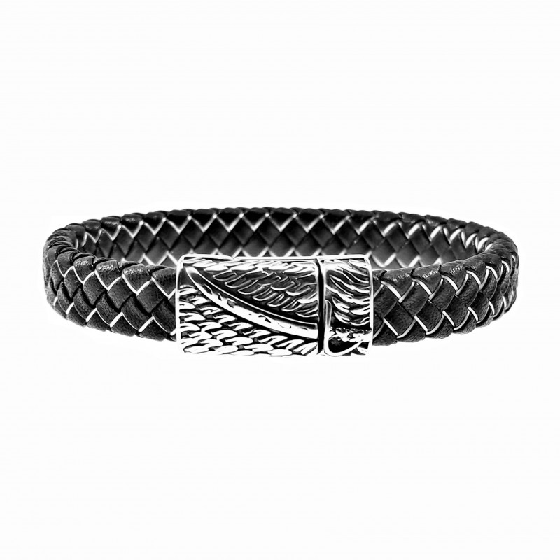 Succesvol perspectief Alstublieft Zwart-Zilver Leren Armband Heren Gevlochten Leer Zwaard RVS Sluiting Kleur  Zwart Armband-Binnenmaat 19 cm