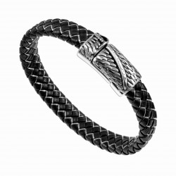 Zwart-Zilver Leren Armband Heren - Gevlochten Leer - Zwaard RVS Sluiting