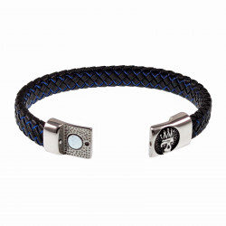 Blauw-Zilver Leren Armband - Gevlochten Leer - RVS Koning Schedel Sluiting