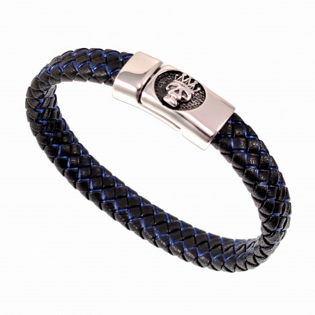 Blauw-Zilver Leren Armband - Gevlochten Leer - RVS Koning Schedel Sluiting