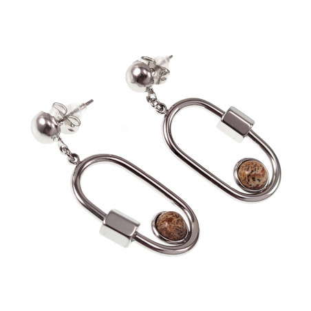 Lange Oorbellen met Ovale Schakel Natuursteen Bruin Dames Stalen Zilver