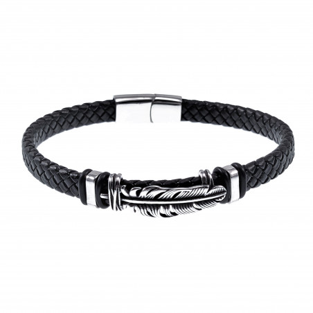 Leren Armband Heren Zwarte Leer Stalen Zilver Armband met Veer Armband-Binnenmaat 21 cm