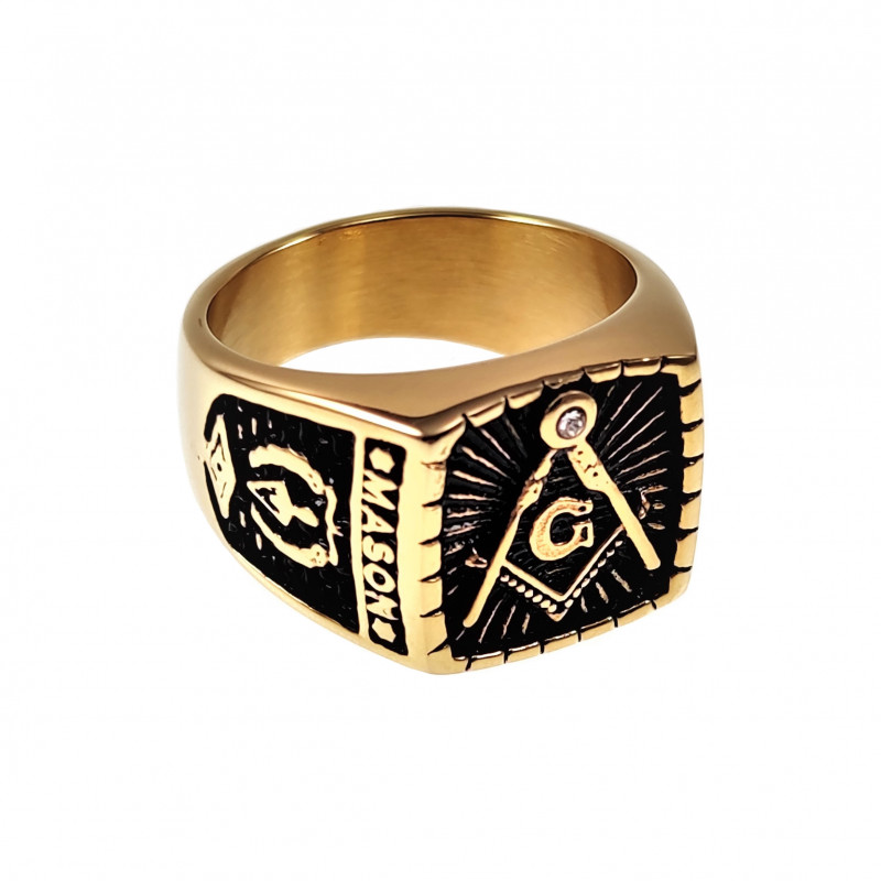 Door Uitstralen Elegantie Zegelring Heren - Roestvrij Staal Goud Kleur - Vrijmetselaars Ring Kleur  Zwart Ring Omtrek 57 mm (diameter 18,1 mm)