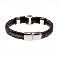 Gevlochten Leren Armband met RVS Anker - Heren - Zwart/Donkerbruin Leer - Stalen Sluiting