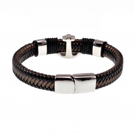 Gevlochten Leren Armband met RVS Anker - Heren - Zwart/Donkerbruin Leer - Stalen Sluiting