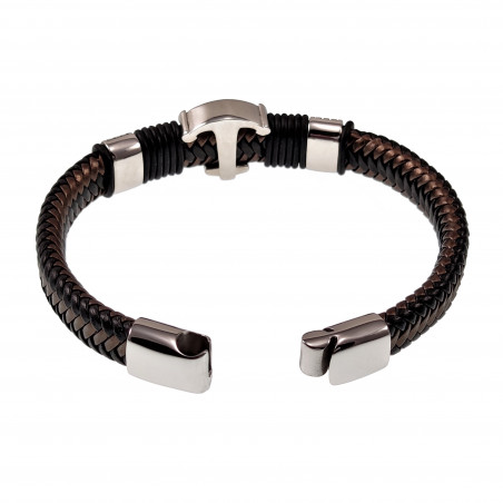 Gevlochten Leren Armband met RVS Anker - Heren - Zwart/Donkerbruin Leer - Stalen Sluiting