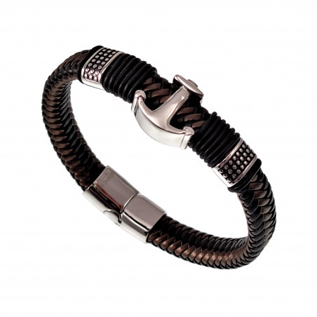 Gevlochten Leren Armband met RVS Anker - Heren - Zwart/Donkerbruin Leer - Stalen Sluiting