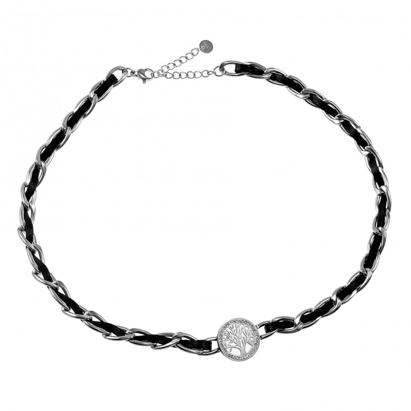 Halsketting Dames Levensboom Ketting Stalen Zwarte Leer Schakelketting Halsketting Dames Levensboom Ketting Stalen Zwarte Leer Schakelketting