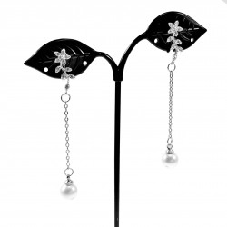 Lange Oorclips Dames Bloem met Bladeren Ontwerp Zilver Kleur