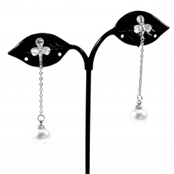 Lange Oorclips met Ketting en Parel Dames Bloem Ontwerp Zilver Kleur