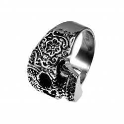 Schedel Ring Heren - Gesneden Desing - Stalen Zilver Kleur - Stoer Biker Ring