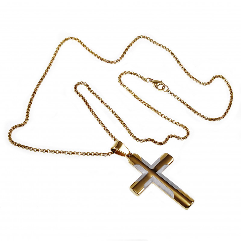 55cm Jacseron Ketting + Kruishanger Heren - Stalen Goud Kleur